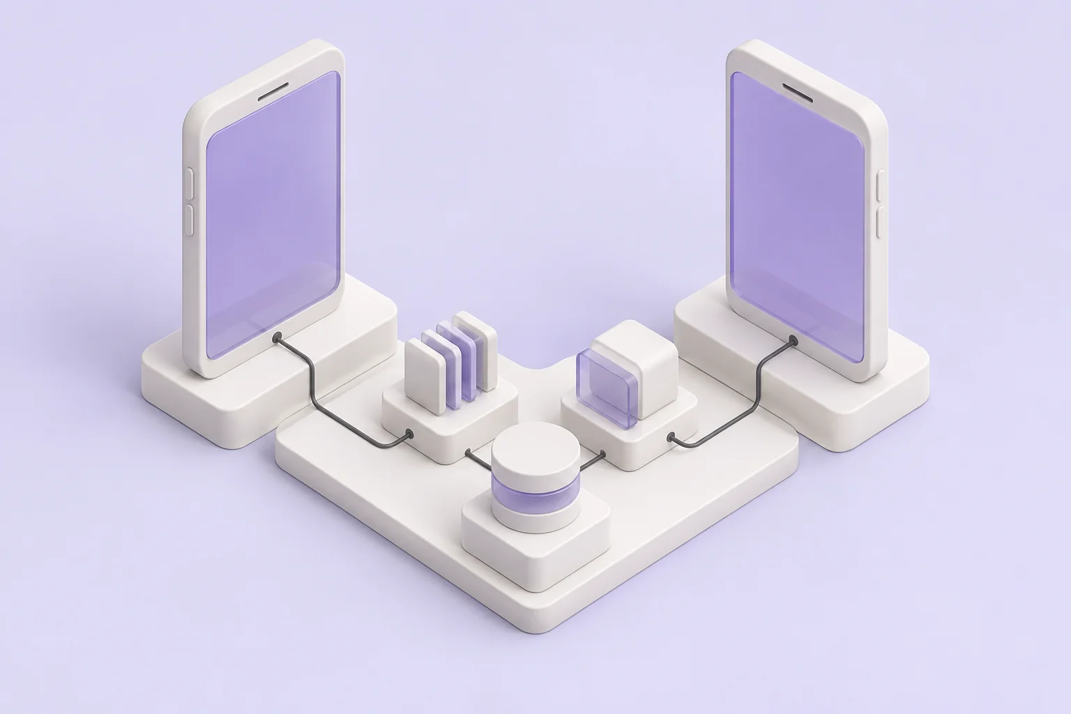 An illustration of mobile devices and connected software components forming a complete app.