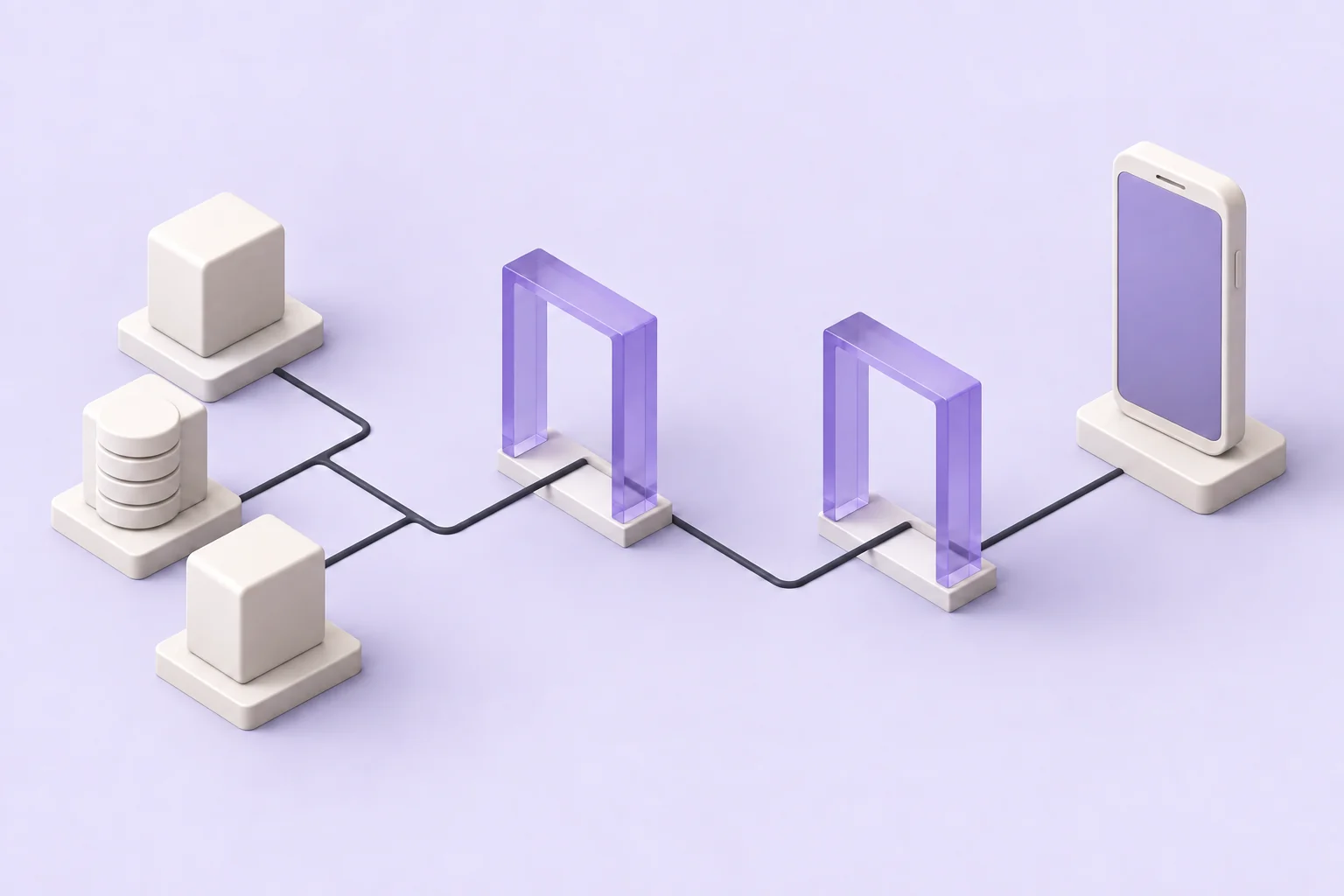 An illustration connecting mobile app components, testing and release stages into a shared delivery path.
