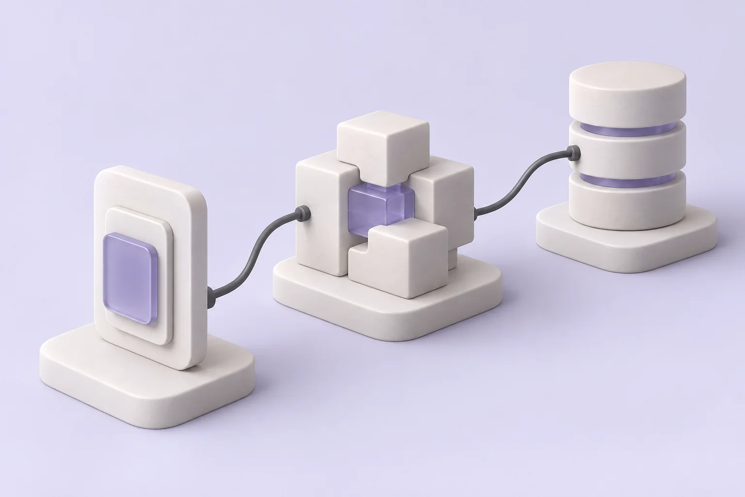 An illustration of an interface, application logic and data components assembled into a complete product.
